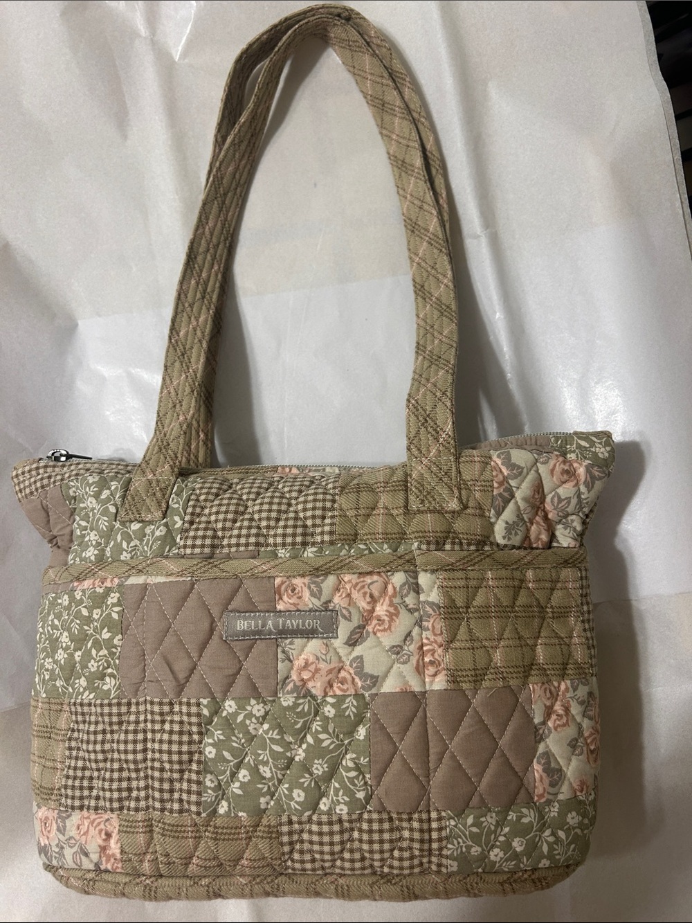 Bella Taylor Quilted Patchwork Tote in Beige, Green and Rose